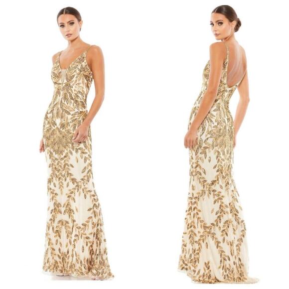 Mac Duggal Embellished Gold Leaf Long Evening Gown Nude/Gold Size 2 NWT - Picture 1 of 12